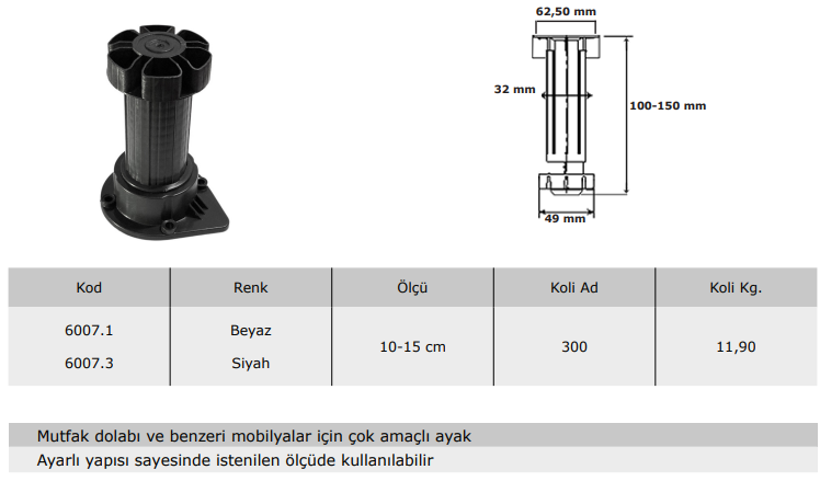 Ayarlı Baza Ayağı (10-15cm) Oval Taban