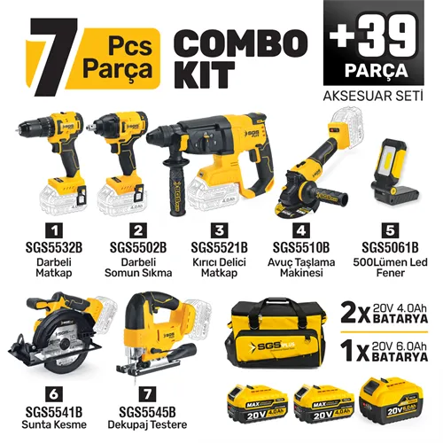 SGS COMBO SET 7 PARÇA (Darbeli Matkap/Kırıcı-Delici Matkap/Darbeli Somun Sıkma/Avuç Taslama Makinesi/Sunta Kesme/Dekupaj Testere/Led Fener)