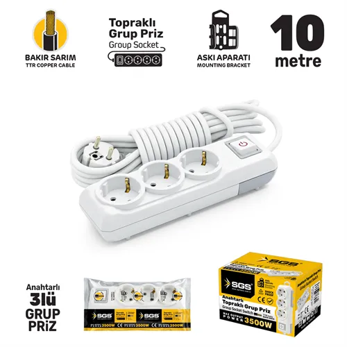 SGS GRUP PRİZ TOPRAKLI ANAHTARLI ÜÇLÜ 10 METRE