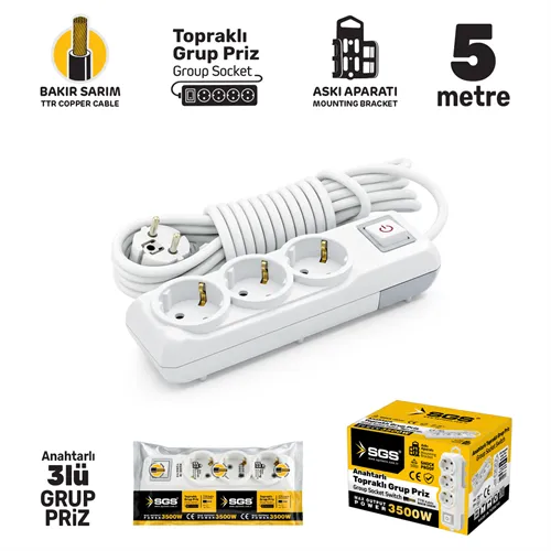 SGS GRUP PRİZ TOPRAKLI ANAHTARLI ÜÇLÜ 5 METRE