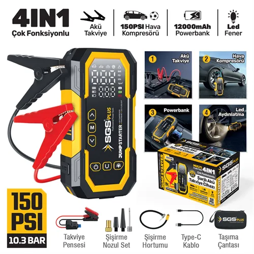 SGS ŞARJLI AKÜ TAKVİYE VE HAVA KOMPRESÖRÜ DİJİTAL 16.8V 12.000 Mah 4 in 1